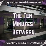 Square image of title and creators, with a train behind